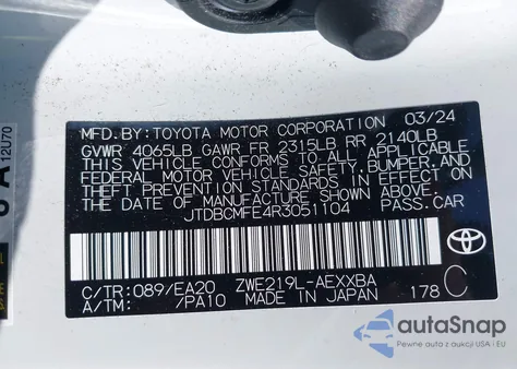 2024 Toyota Corolla Hybrid Xle z USA, uszkodzony, nr VIN JTDBCMFE4R3051104